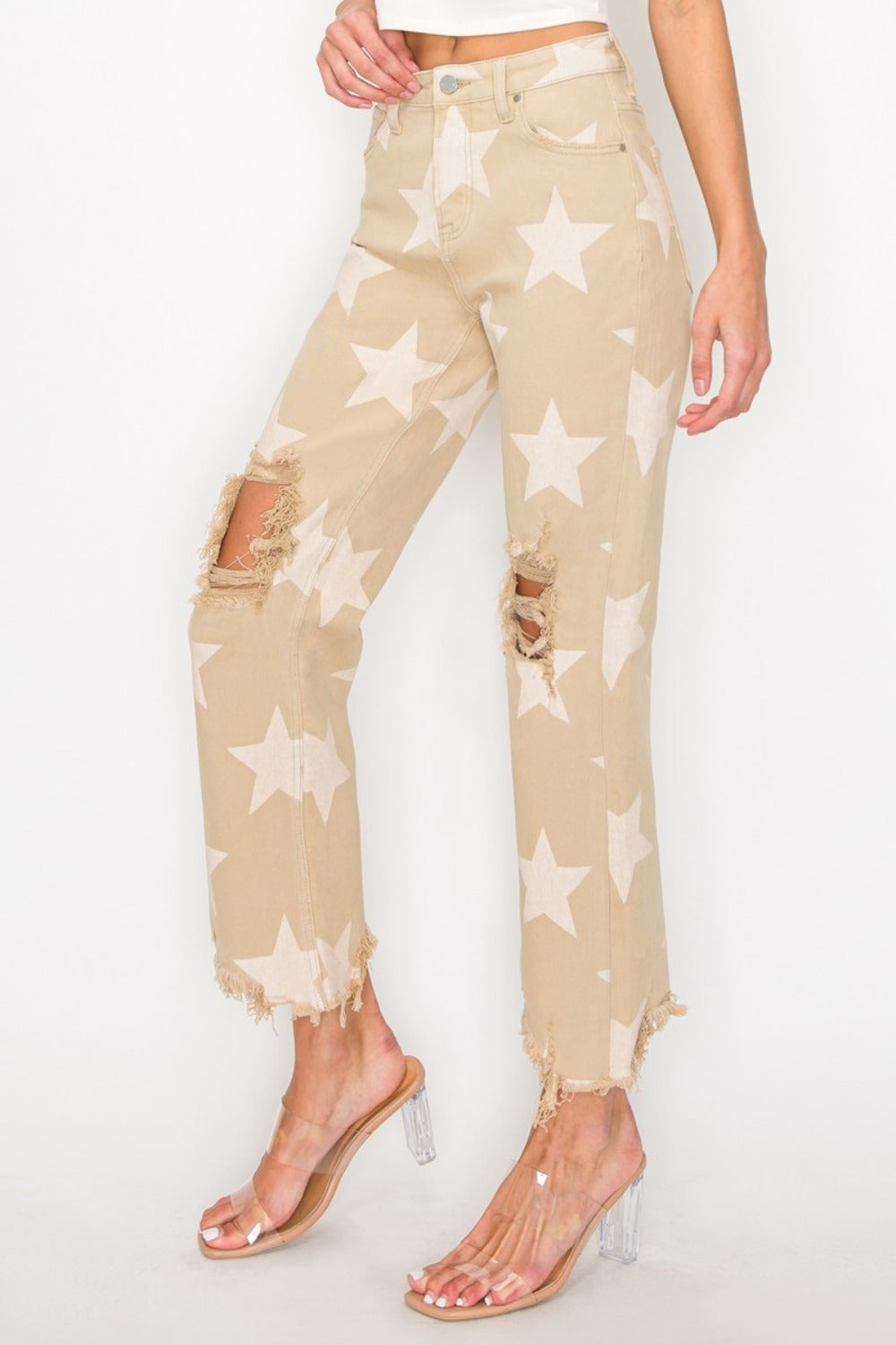 RISEN Full Size High Rise Star Printed Frayed Hem Jeans 
