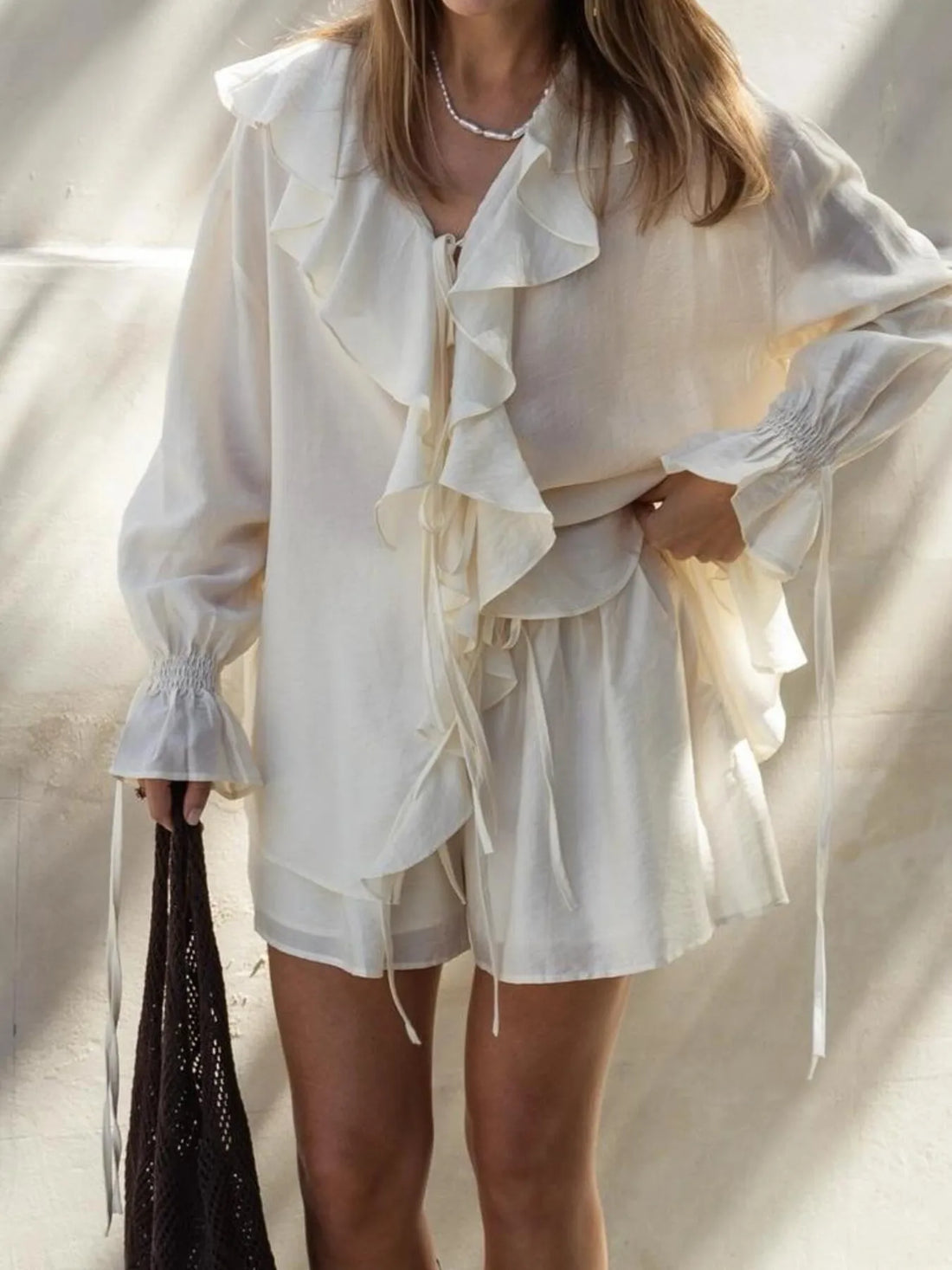 Ruffled Long Sleeve Shirt and Shorts Set Two Piece Dresses