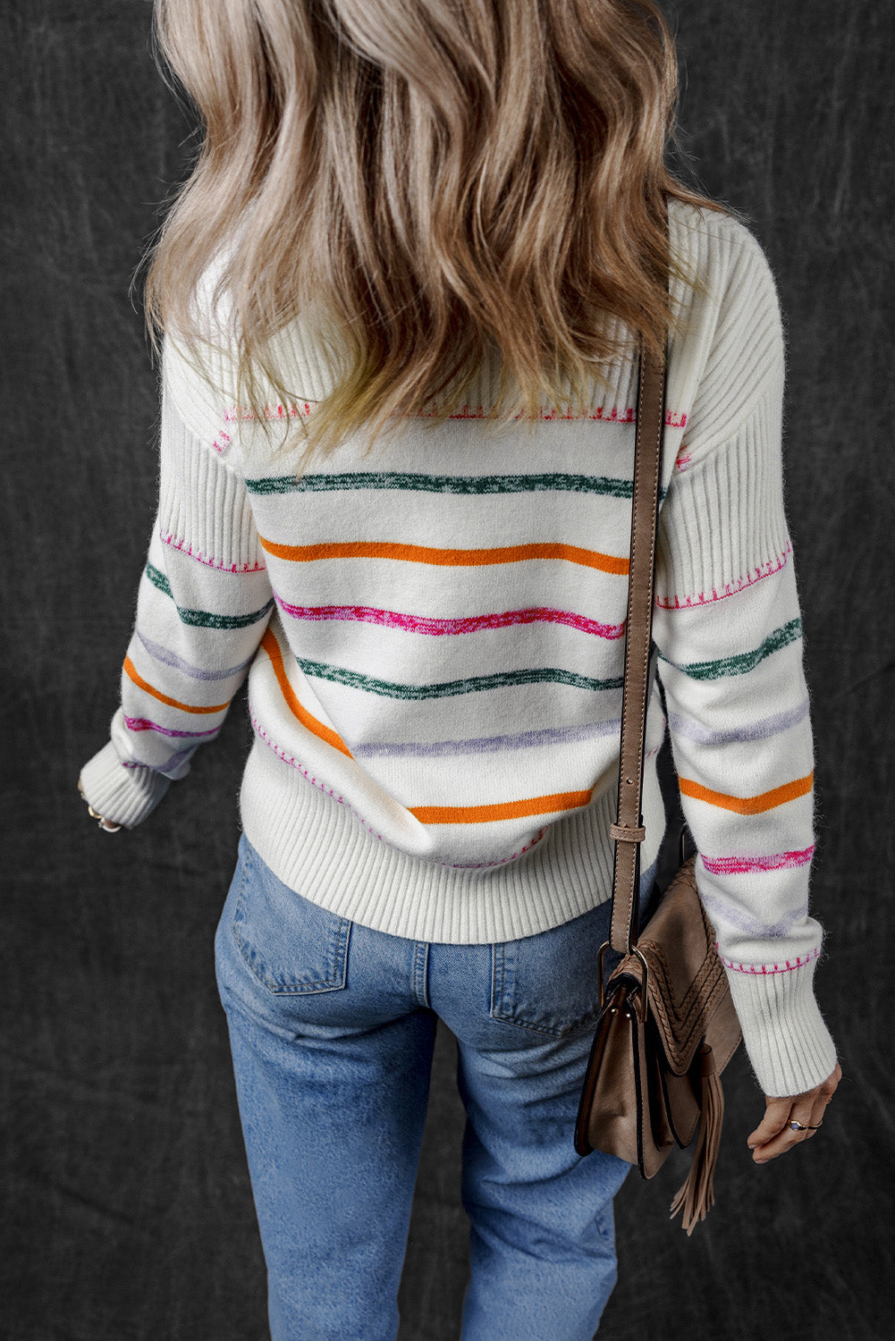 White Colorful Striped Ribbed Trim Sweater Sweaters & Cardigans/Sweaters