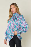 Double Take Full Size Printed Smocked Long Sleeve Blouse 
