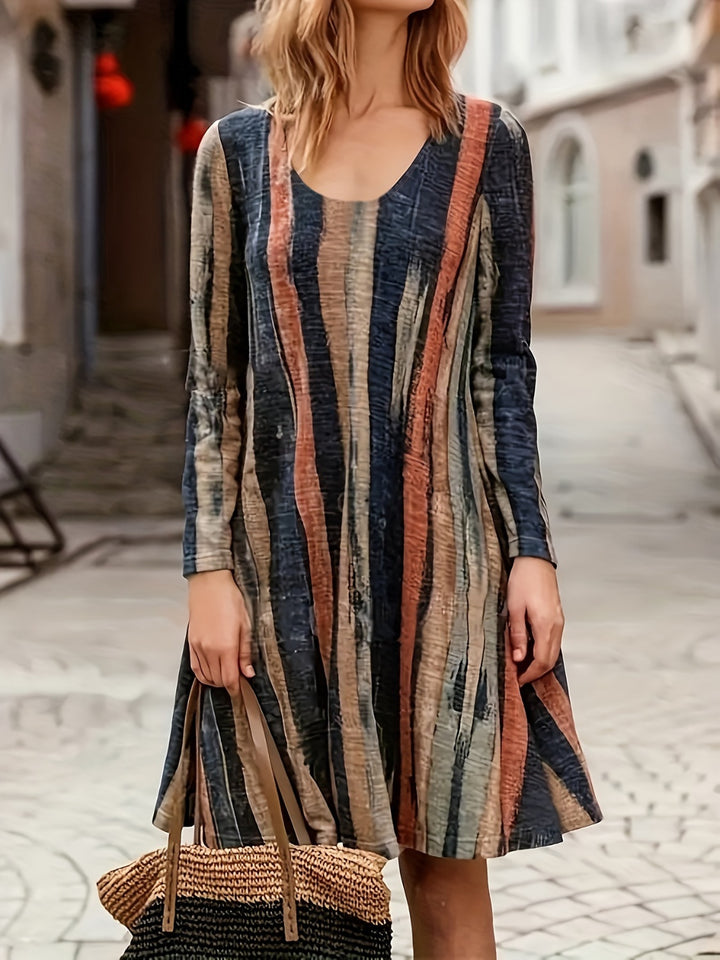 Full Size Contrast Stripes Long Sleeve Mini Dress 