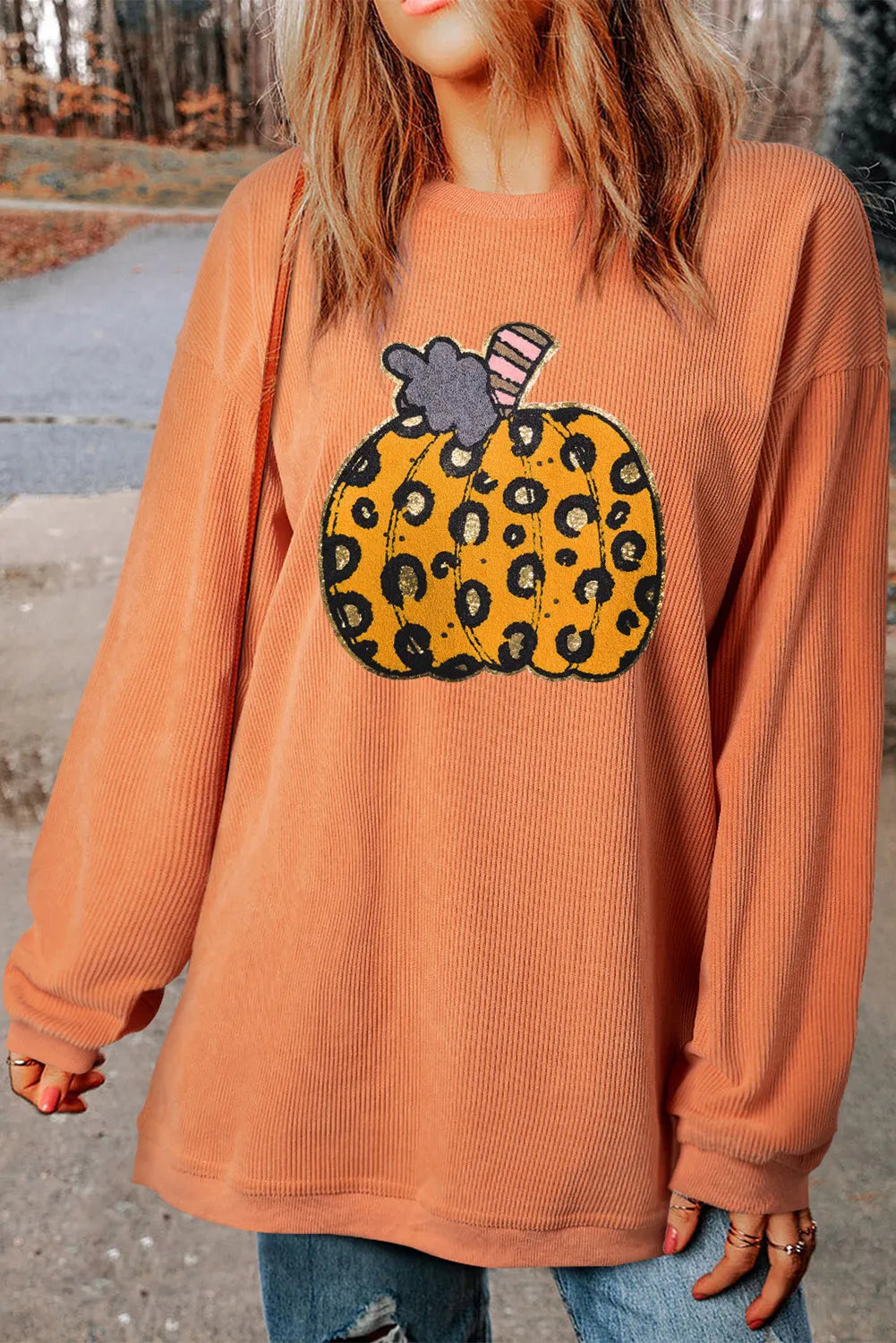 Pumpkin Round Neck Long Sleeve Sweatshirt 