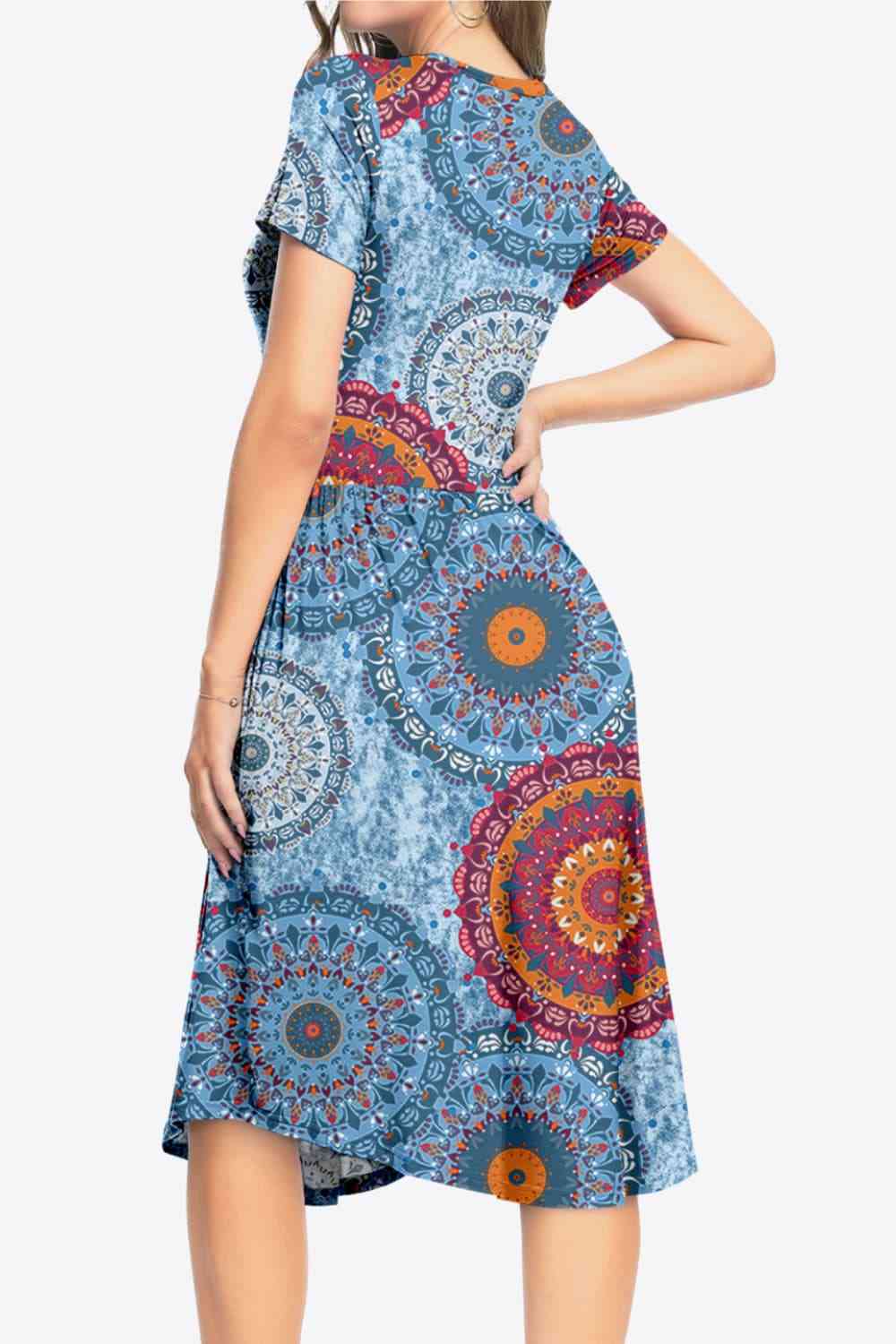 Printed Round Neck Short Sleeve Dress with Pockets Dresses