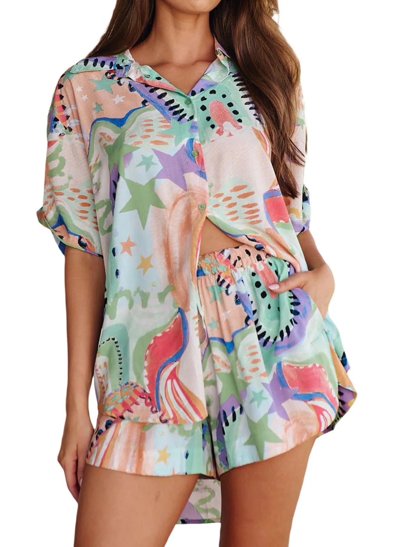 Printed Button Up Shirt and Shorts Set Two Piece Dresses