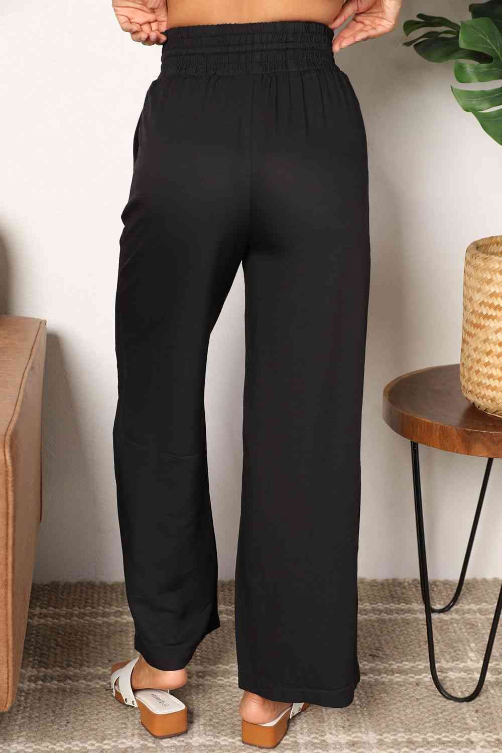 Double Take Drawstring Smocked Waist Wide Leg Pants 