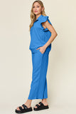 Double Take Texture Ruffle Short Sleeve Top and Drawstring Wide Leg Pants Set 