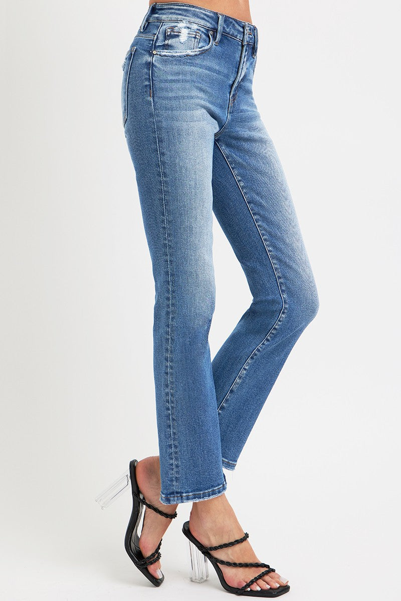 RISEN Full Size Mid Rise Ankle Straight Jeans with Pockets 