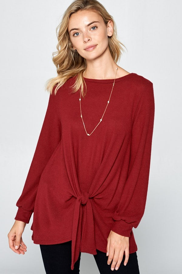 Super Lady Full Size Round Neck Knot Front Hacci Blouse 