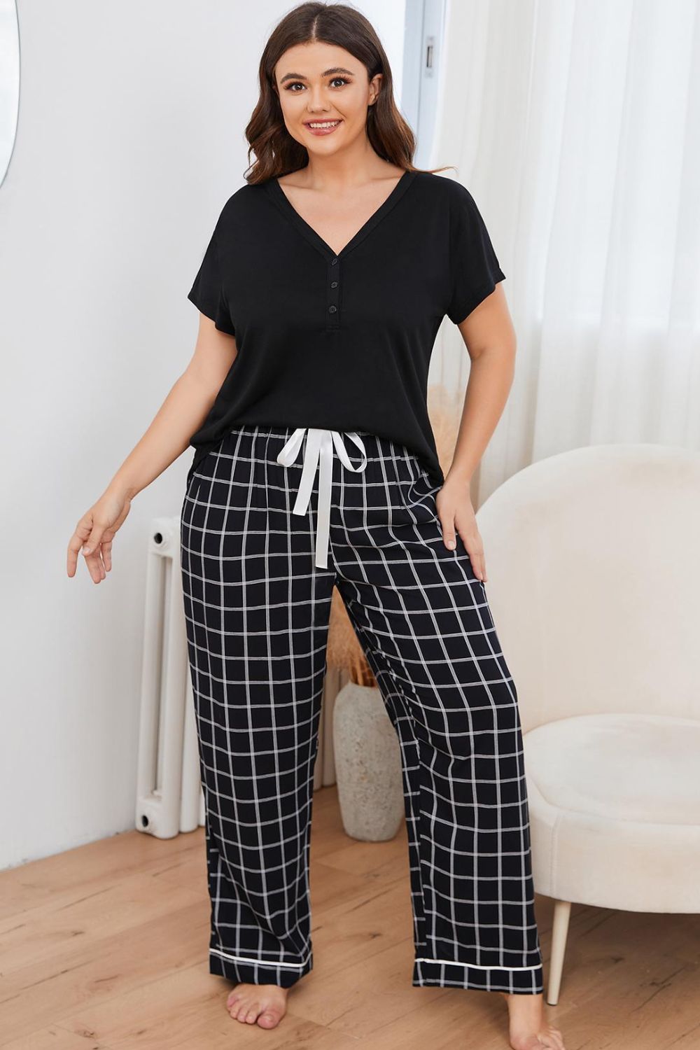 Plus Size V-Neck Top and Plaid Pants Lounge Set 