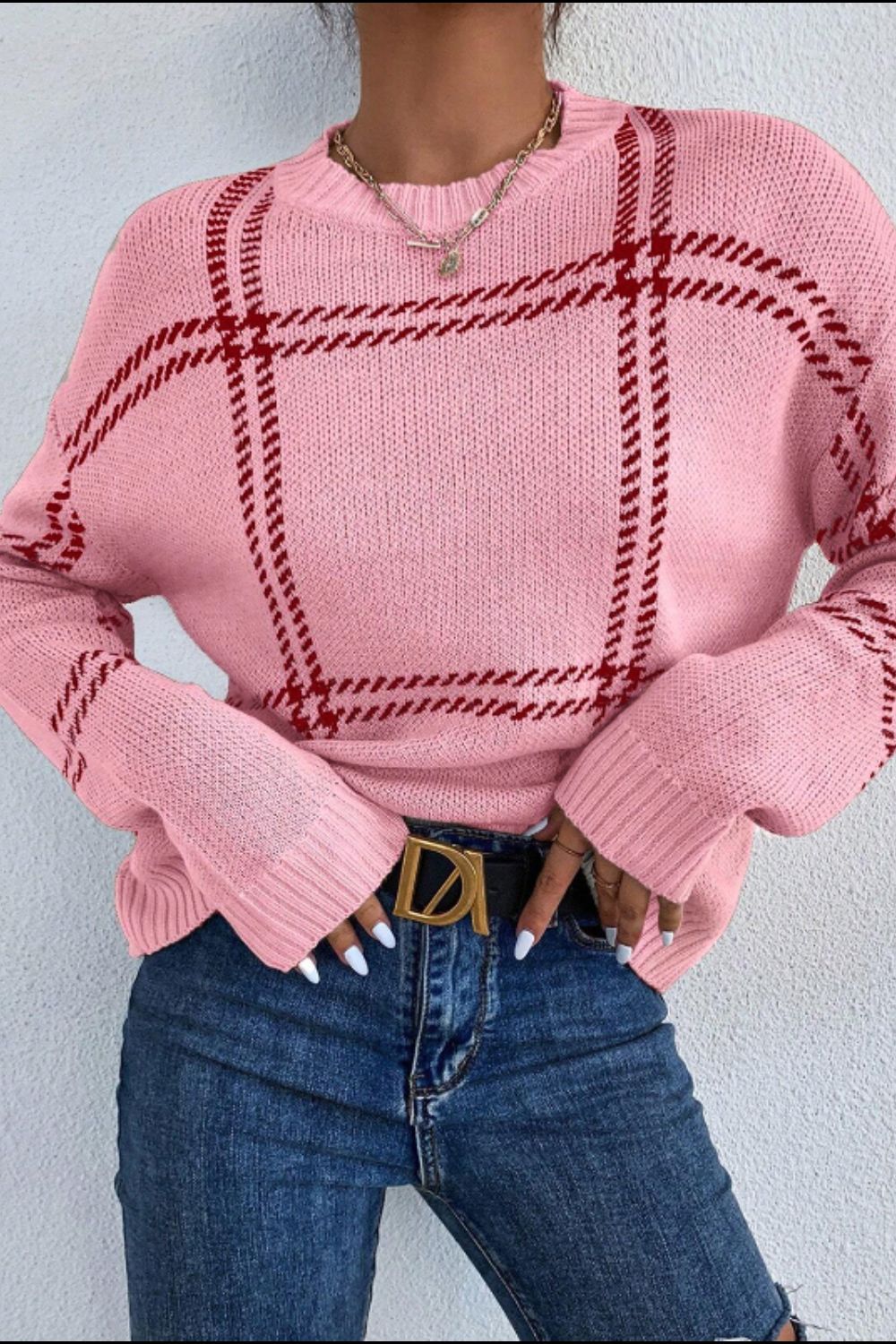 Contrast Round Neck Long Sleeve Sweater 