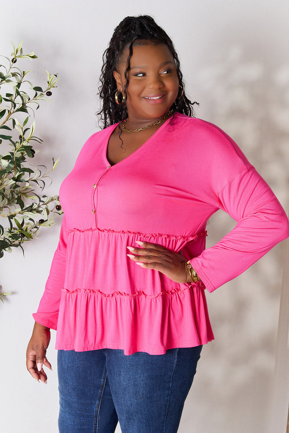 Double Take Half Button Long Sleeve Ruffle Hem Blouse 