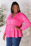 Double Take Half Button Long Sleeve Ruffle Hem Blouse 