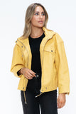 How Dare U Drawstring Hem PU Leather Zip Up Jacket 