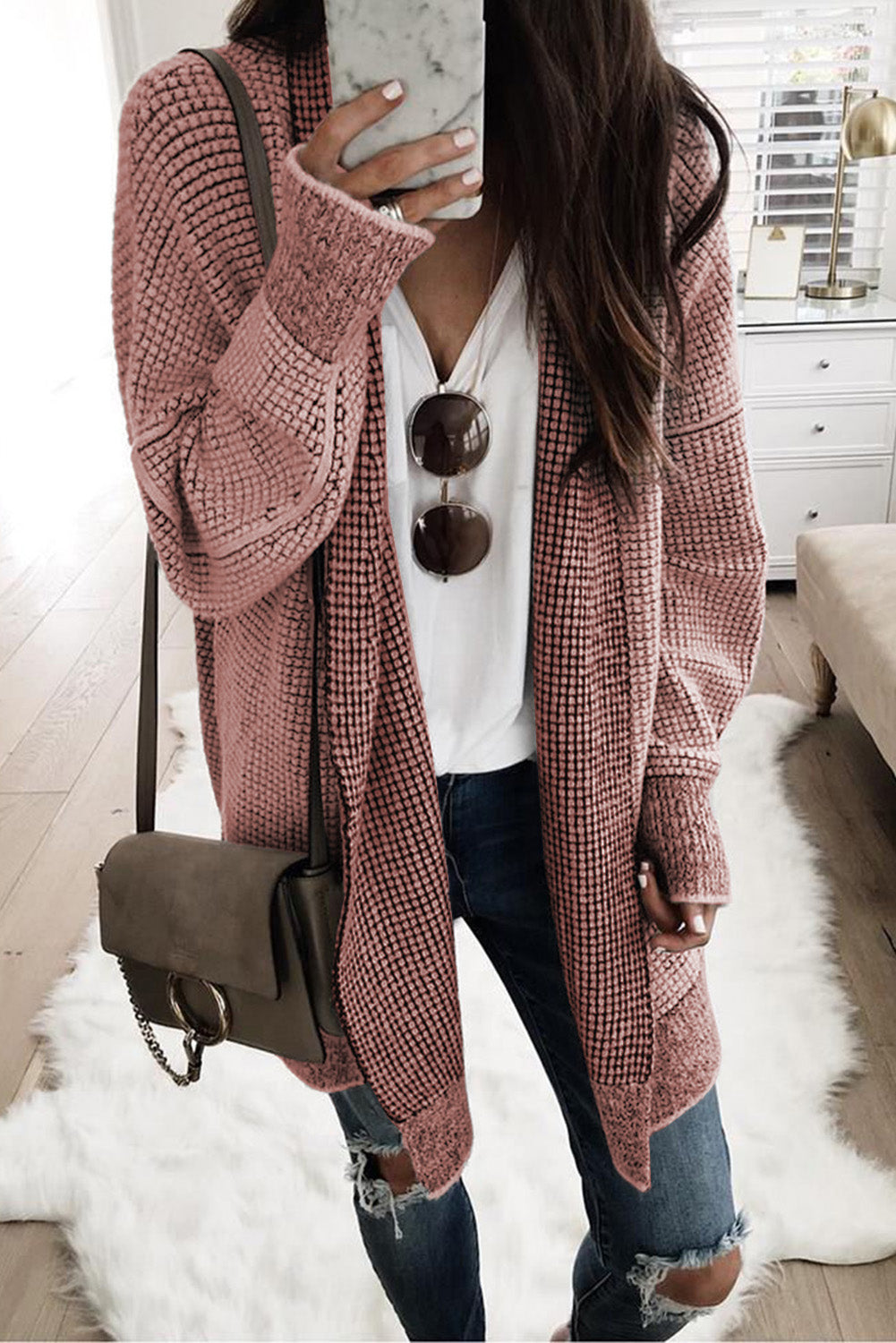 Gray Plaid Knitted Long Open Front Cardigan Sweaters & Cardigans/Cardigans
