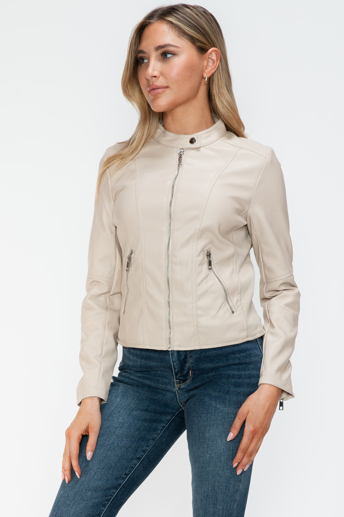 Snobbish PU Leather Zip Up Jacket with Pockets 