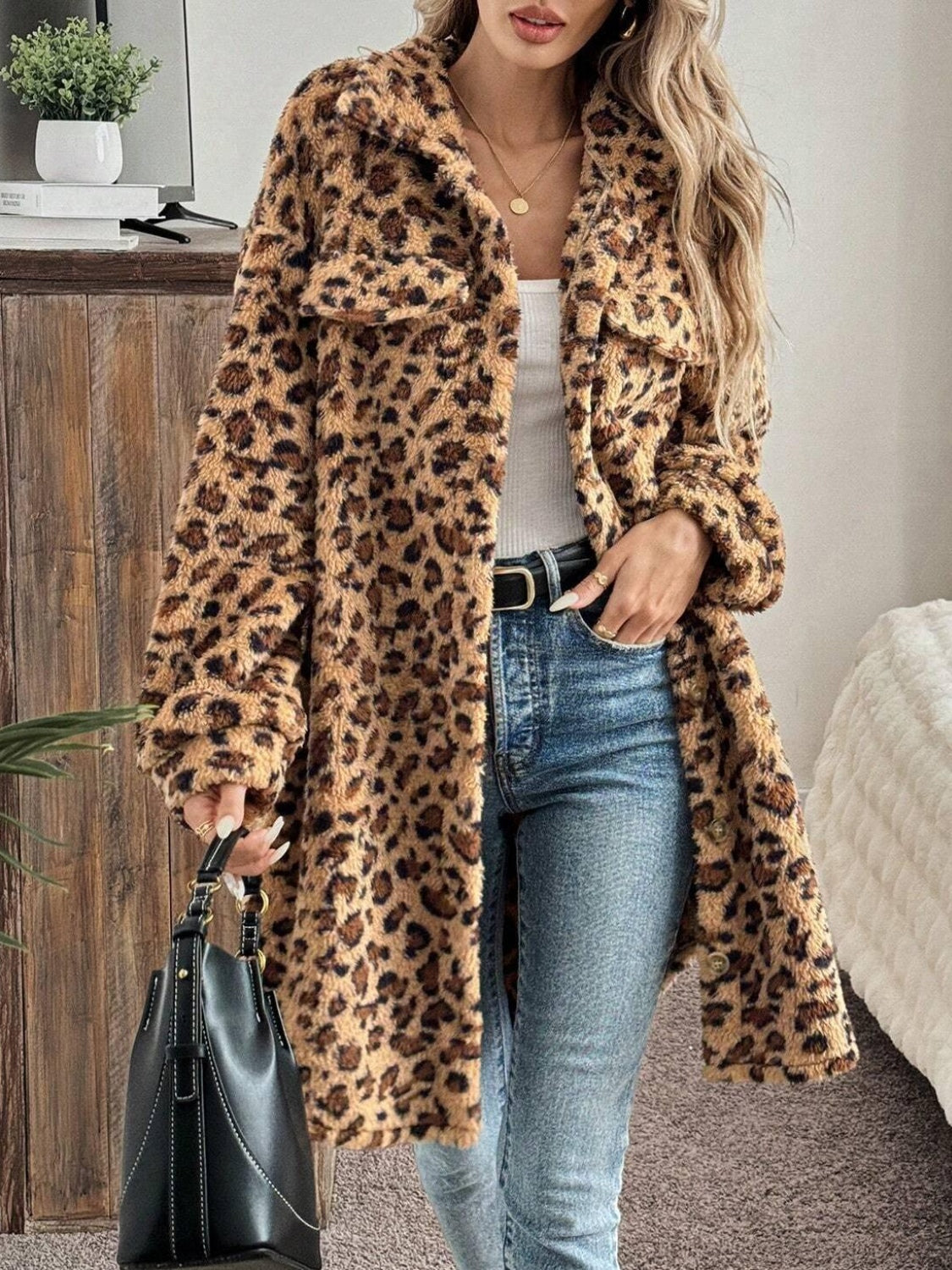 Leopard Button Up Long Sleeve Fuzzy Coat 
