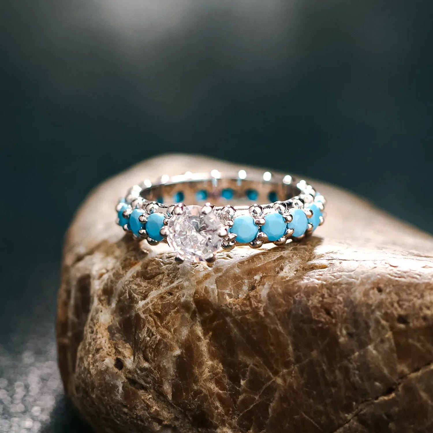 Inlaid Artificial Turquoise Zircon 925 Sterling Silver Ring 