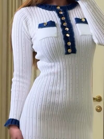 Contrast Trim Round Neck Long Sleeve Sweater Dress Dresses