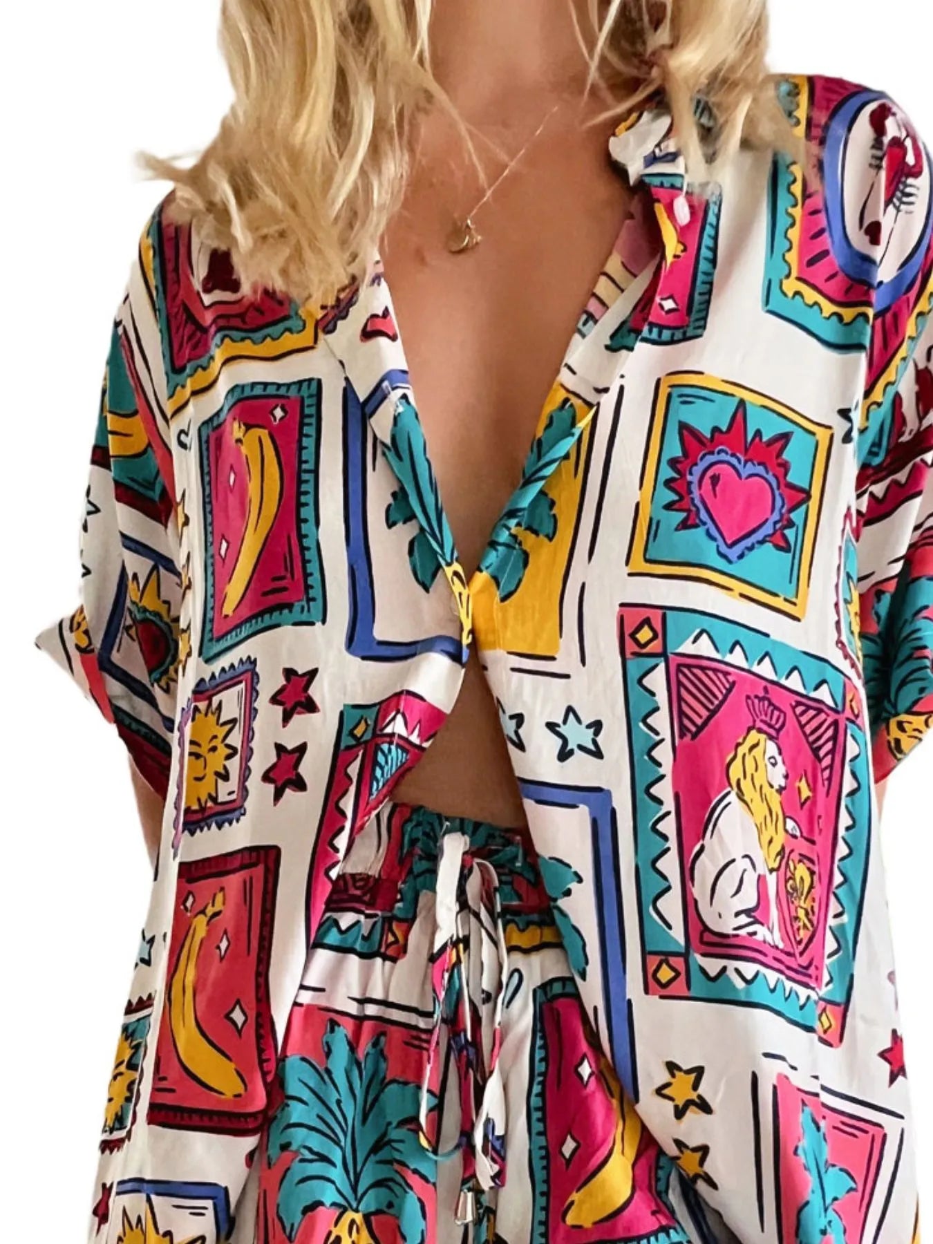 Printed Button Up Shirt and Shorts Set Two Piece Dresses