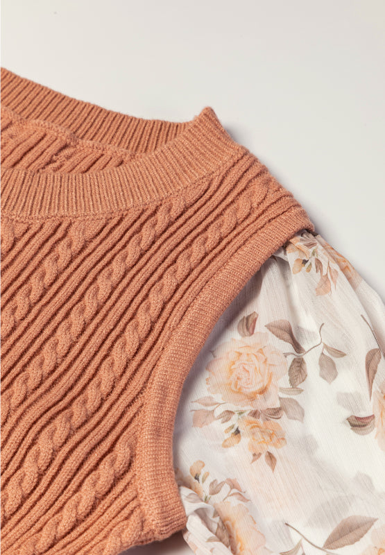 Cable Knit Round Neck Flounce Sleeve Sweater 