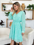 Double Take Full Size Printed Ruched V-Neck Long Sleeve Dress 