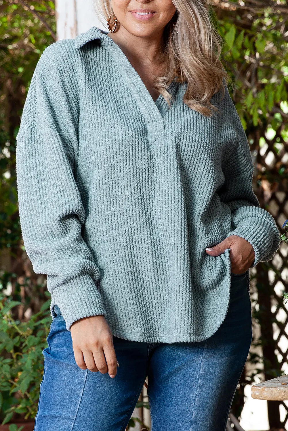 Plus Size Textured Johnny Collar Long Sleeve Sweatshirt 