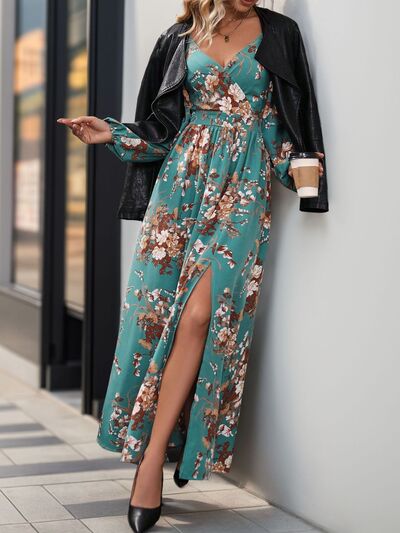 Perfee Slit Printed Surplice Long Sleeve Maxi Dress Dresses