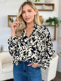 Double Take Full Size Printed Ruffle Trim Balloon Sleeve Shirt 
