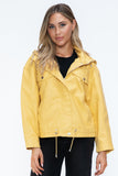 How Dare U Drawstring Hem PU Leather Zip Up Jacket 