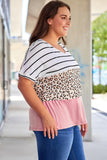 Plus Size Striped Leopard Round Neck Half Sleeve T-Shirt 
