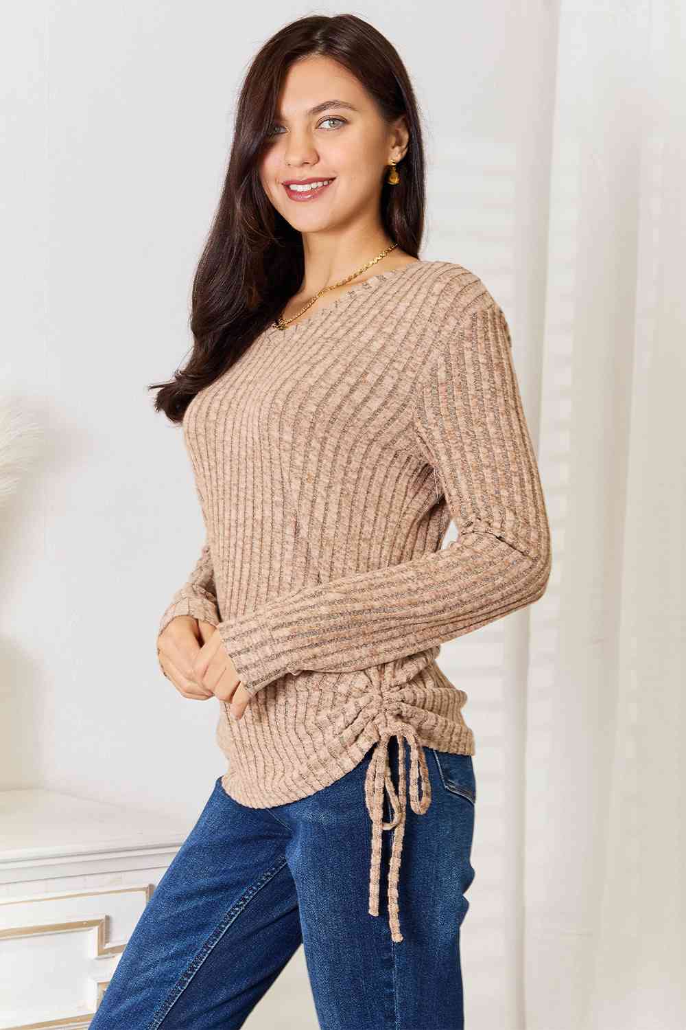 Double Take Drawstring Ribbed Long Sleeve T-Shirt 