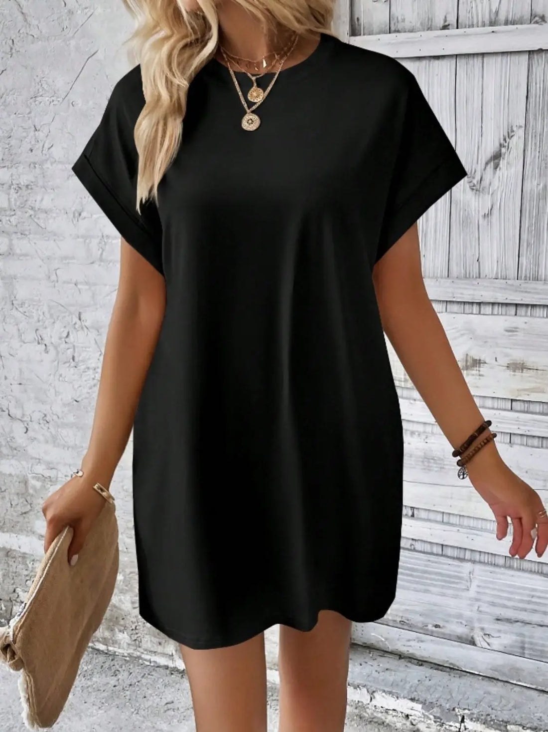 Pocketed Round Neck Short Sleeve Dress 