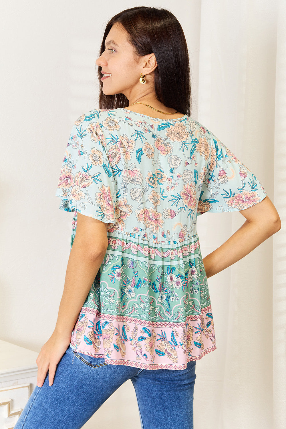 Perfee Floral Tie Neck Short Sleeve Blouse 