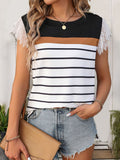 Perfee Lace Detail Striped Round Neck Cap Sleeve T-Shirt 
