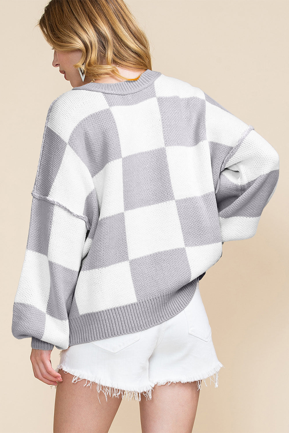 Green Checkered Bishop Sleeve Sweater Sweaters & Cardigans/Sweaters