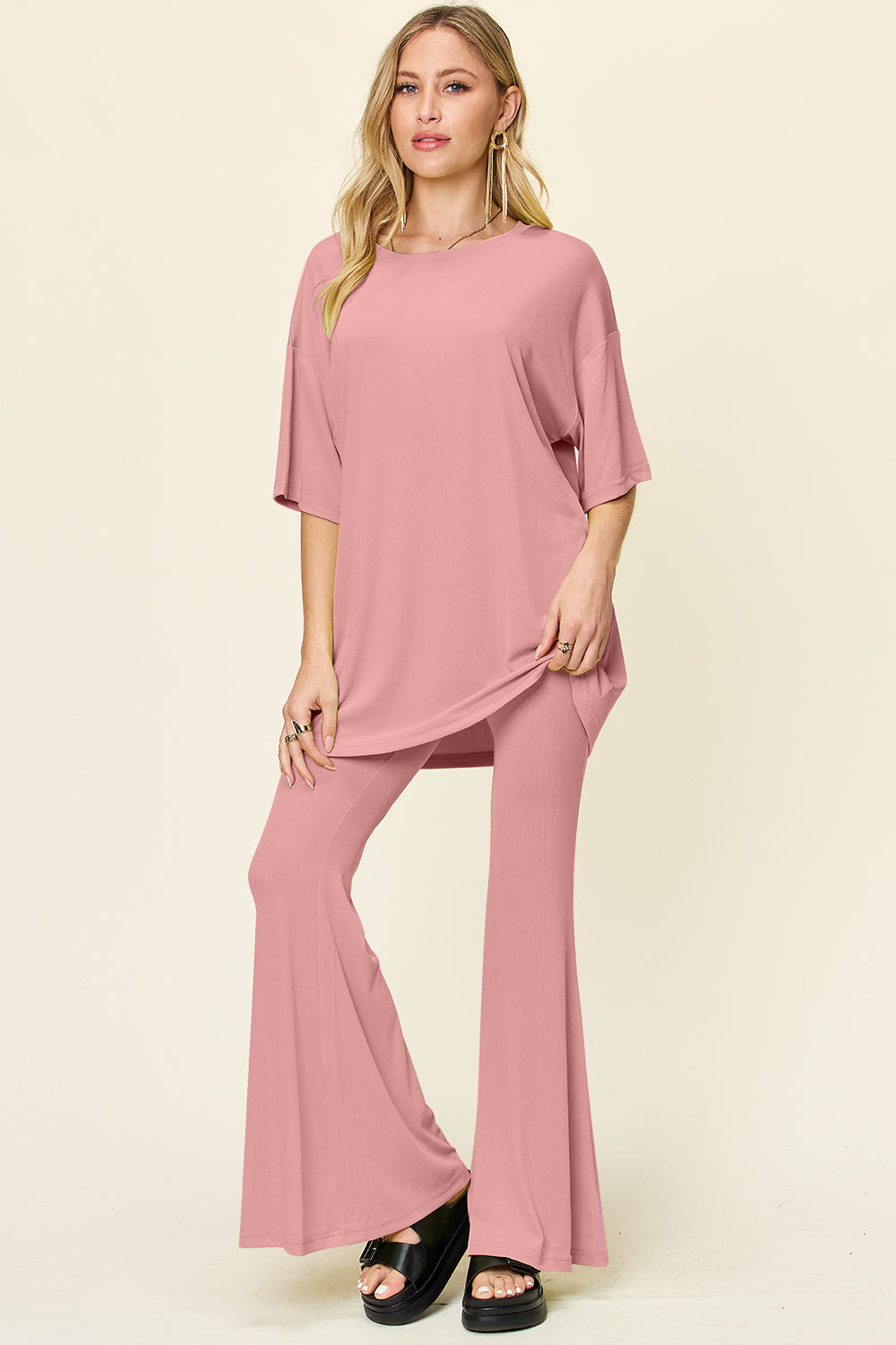 Double Take Full Size Round Neck Drop Shoulder T-Shirt and Flare Pants Set 