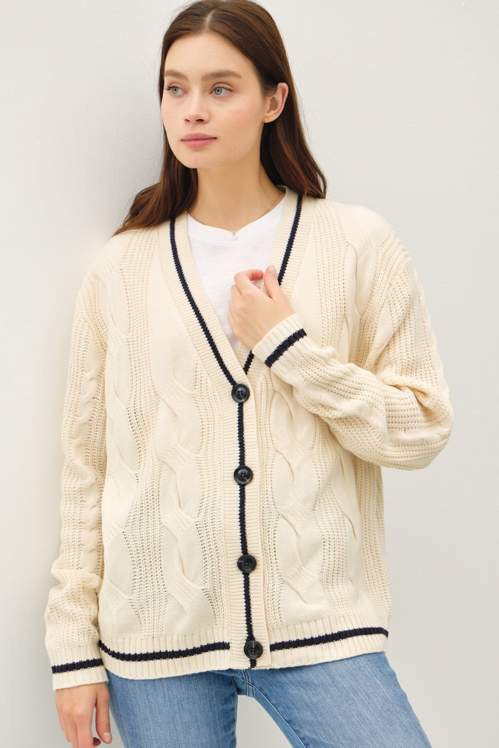 Be Cool Contrast Trim Cable-Knit V-Neck Cardigan 