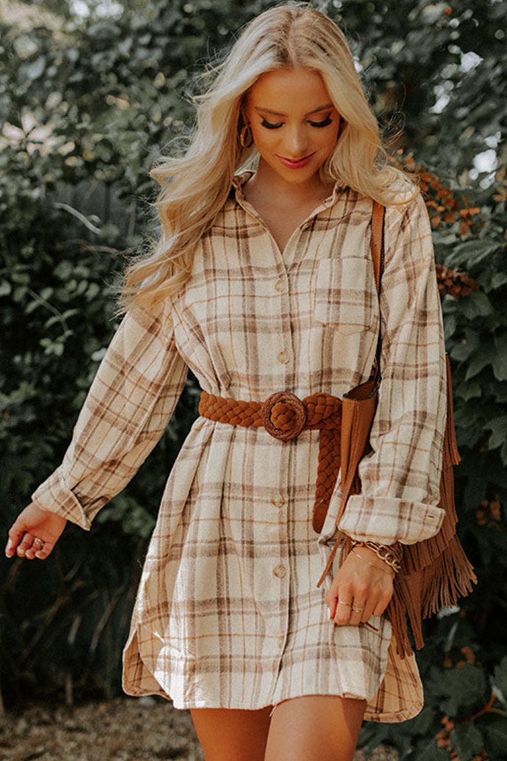Plaid Collared Neck Long Sleeve Mini Shirt Dress 