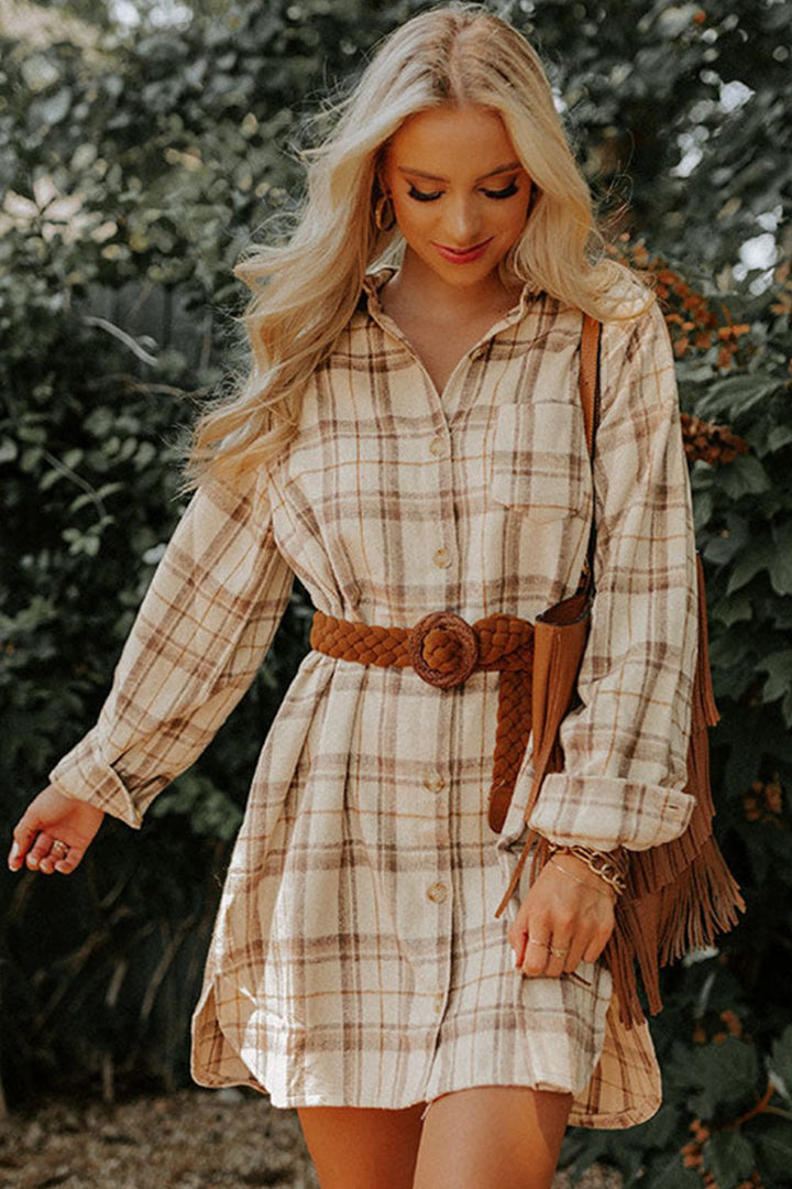 Plaid Collared Neck Long Sleeve Mini Shirt Dress 