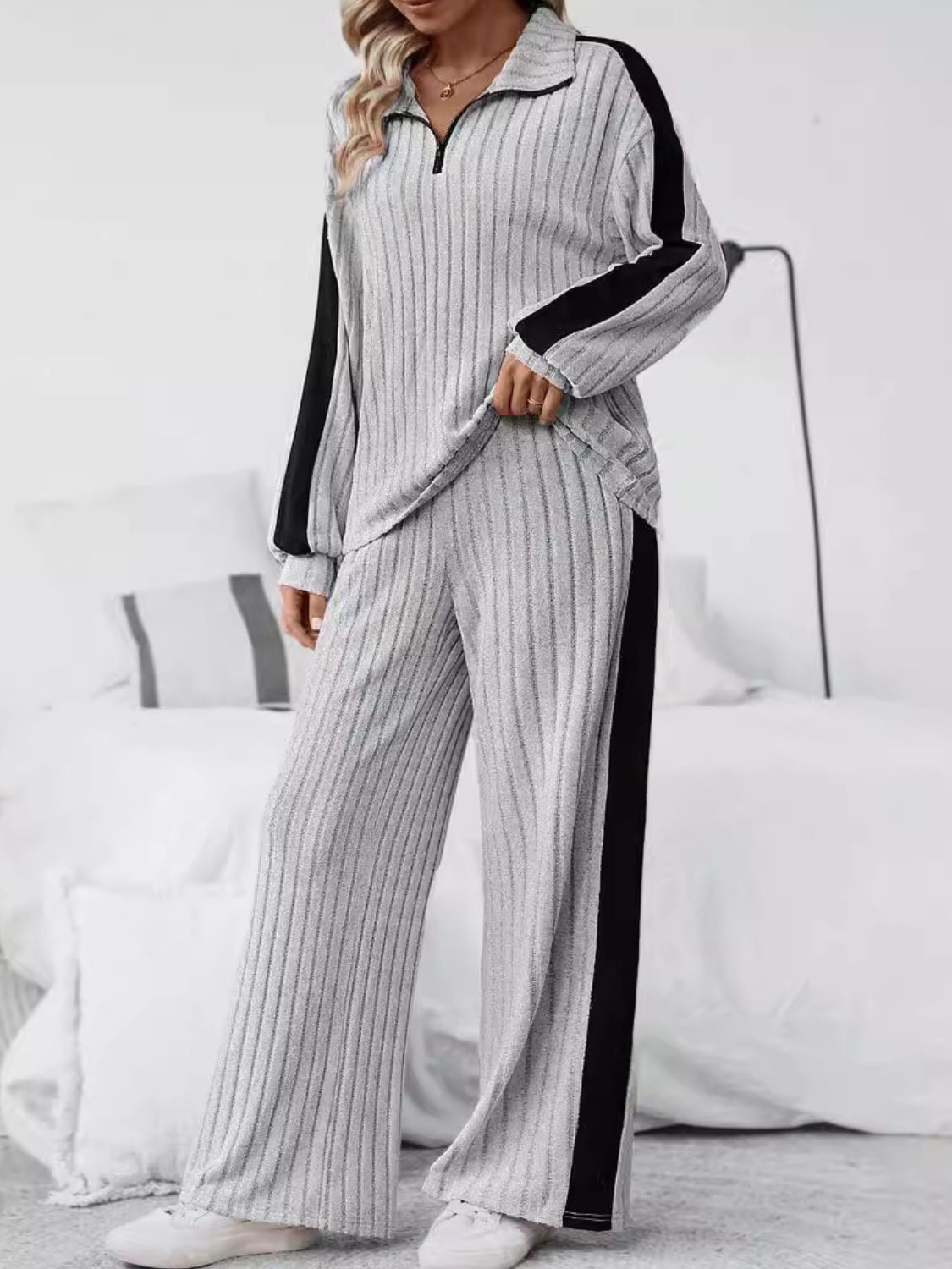 Plus Size Half Zip Long Sleeve Top and Pants Set 