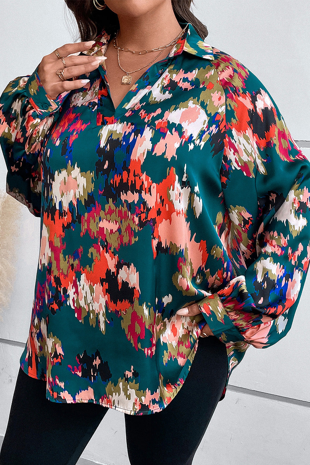 Plus Size Printed Johnny Collar Long Sleeve Blouse 