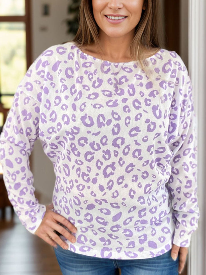 Plus Size Leopard Round Neck Long Sleeve Top 