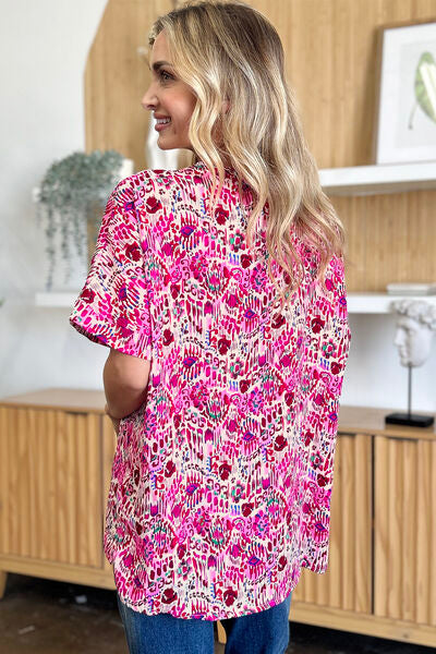 Double Take Full Size Printed V-Neck Short Sleeve Blouse 