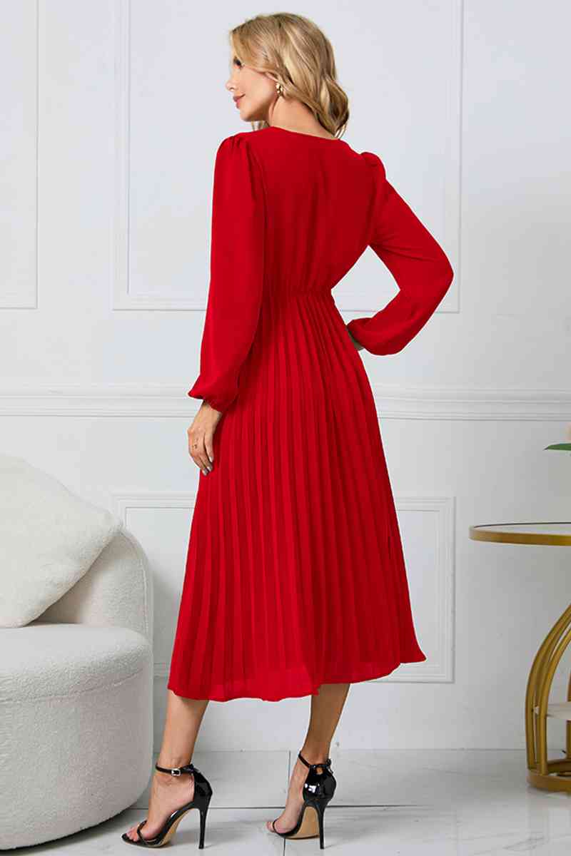 V-Neck Long Sleeve Tie Waist Midi Dress Dresses