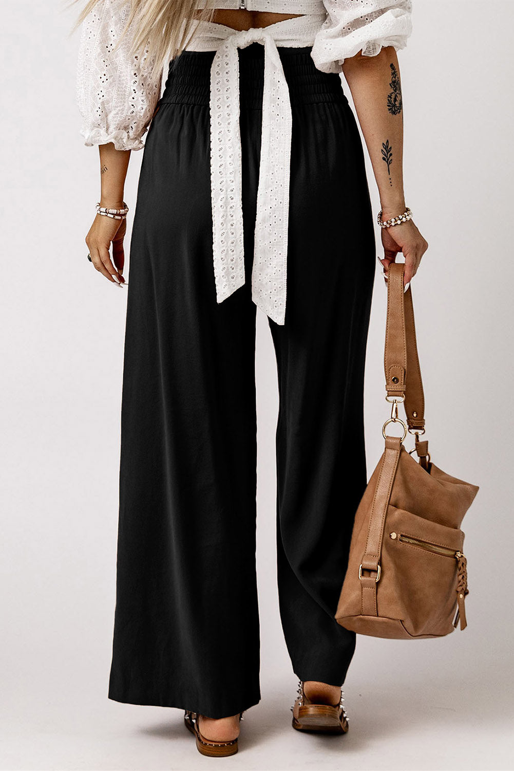 Brown Drawstring Elastic Waist Casual Wide Leg Pants Bottoms/Pants & Culotte