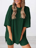 Full Size Oversized Slit Round Neck Top and Shorts Lounge Set Plus Size Lingerie & Nightwear