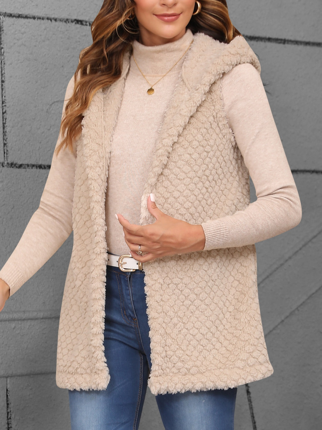 Texture Solid Color Hooded Vest Coat 