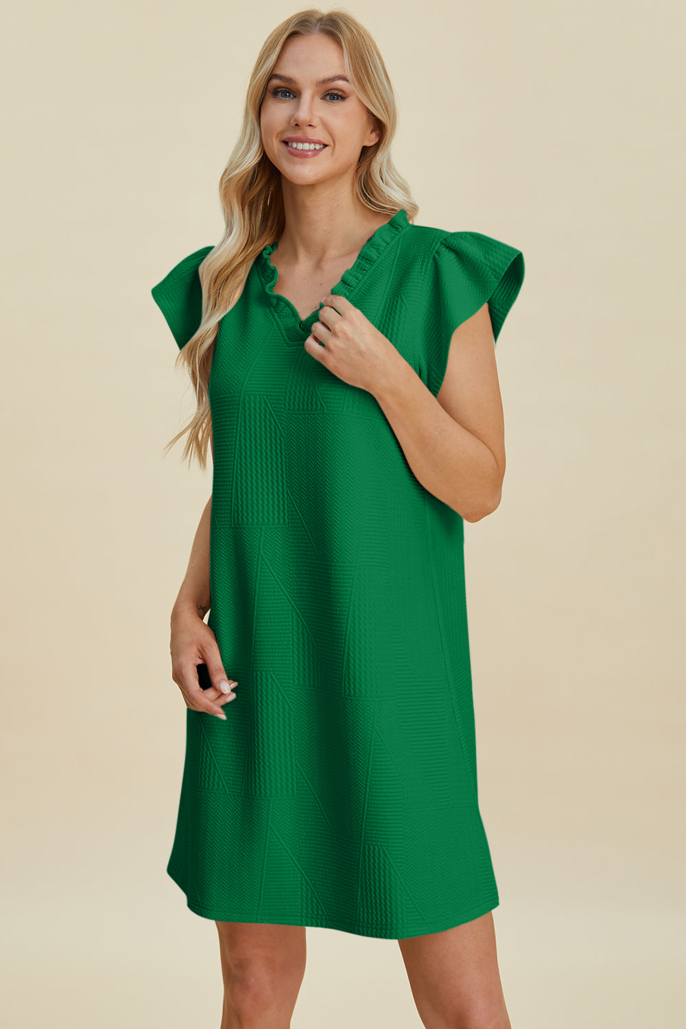 Double Take Full Size Ruffled V-Neck Cap Sleeve Dress 