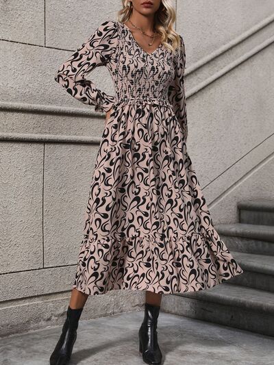 Perfee Printed V-Neck Long Sleeve Midi Dress Dresses