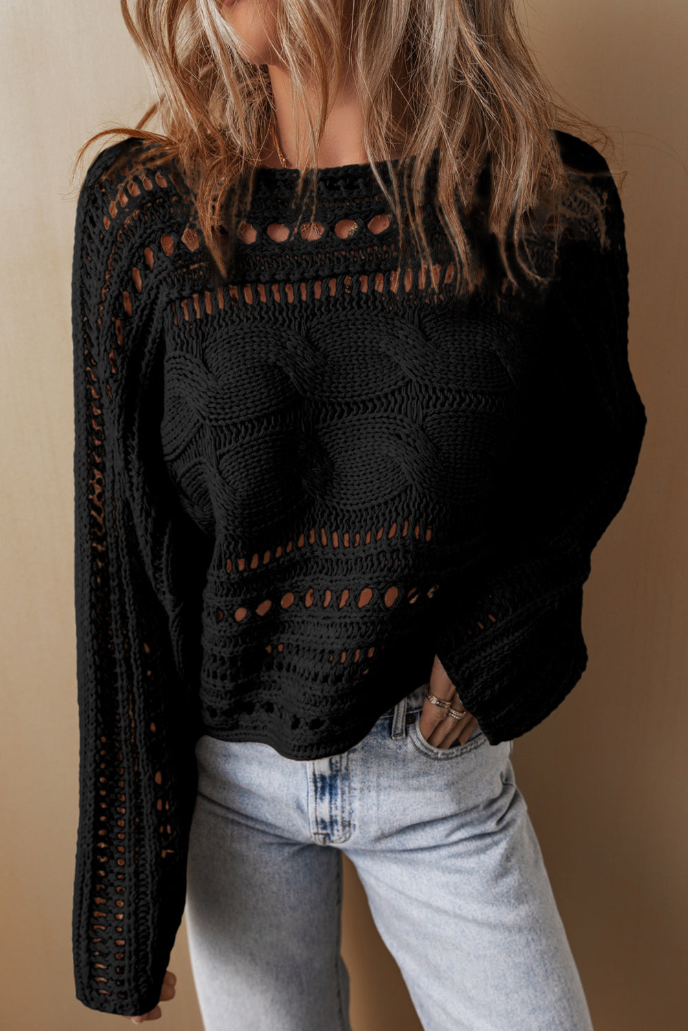 Smoke Gray Hollow-out Cable Knit Cropped Sweater Sweaters & Cardigans/Sweaters